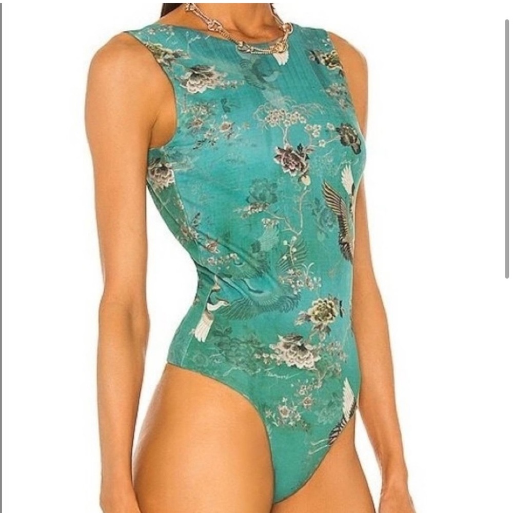 All Saints Bodysuit Layla Rejuvenate Scoop Back Green Bird Print Size 12 NWOT